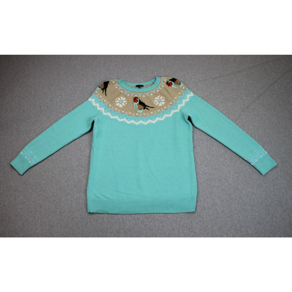 Talbots Sweater Womens Size Large Green Fair Isle Green Bird Robin Nordic - Picture 1 of 6
